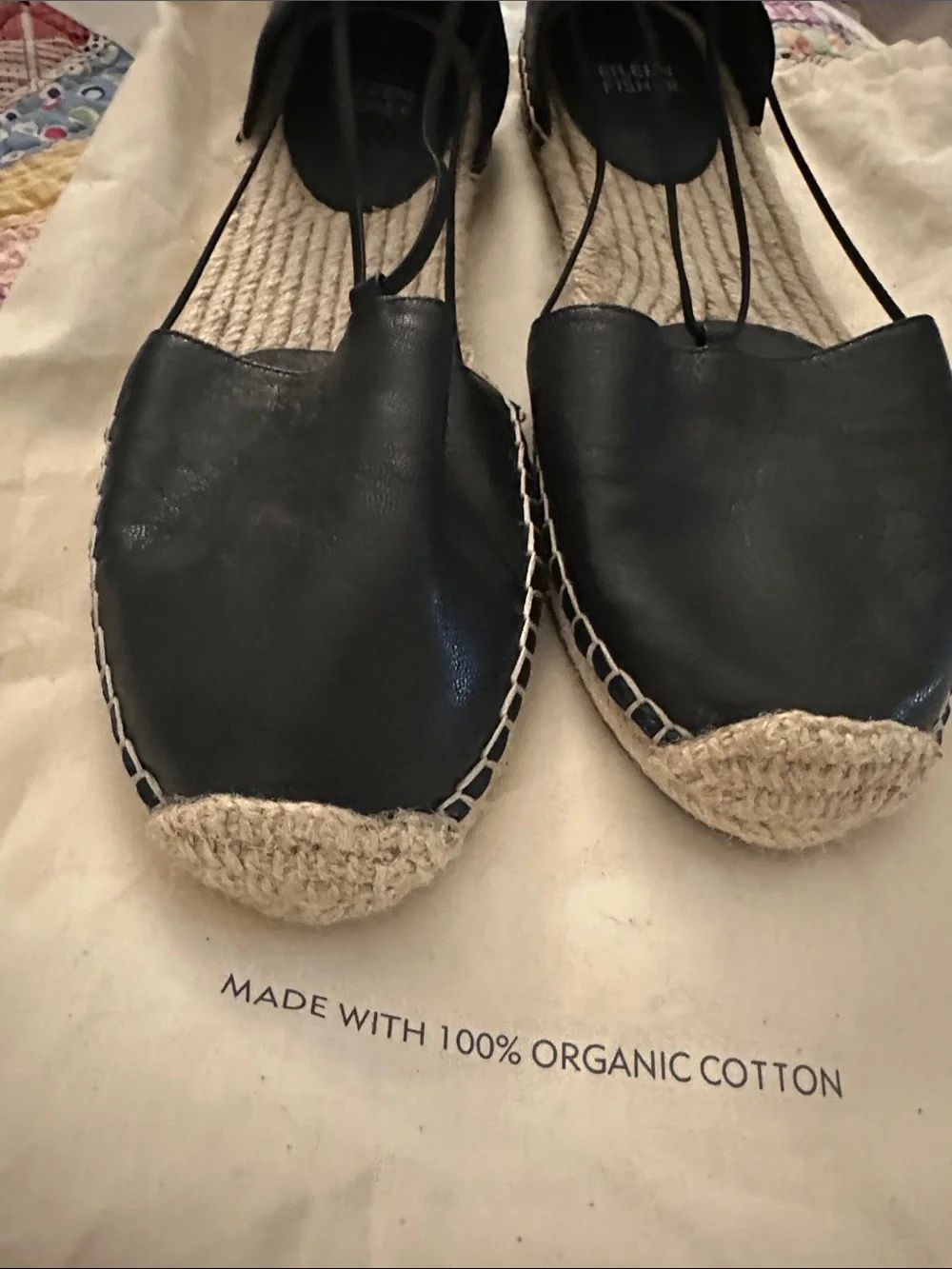 Eileen Fisher Black Leather Espadrille Sandals with Ankle Lace